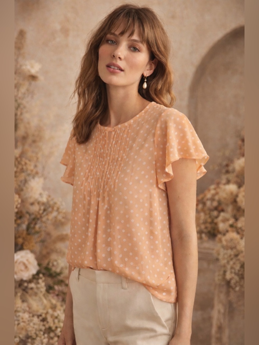 NWT MelloDay Peach Polka Dot Flutter Sleeve Blouse Size XS Pleated Front Top